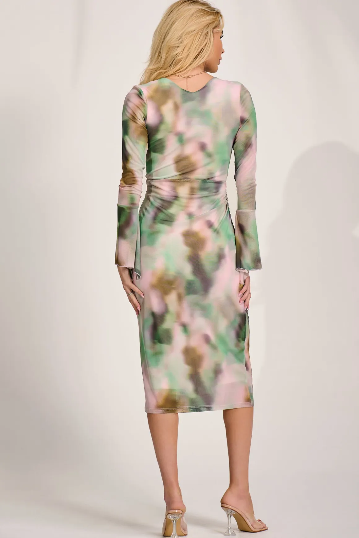 Long Sleeve Mesh Bodycon Dress, Green Abstract