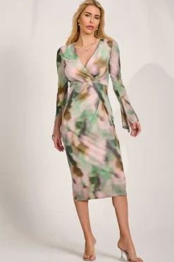 Long Sleeve Mesh Bodycon Dress, Green Abstract