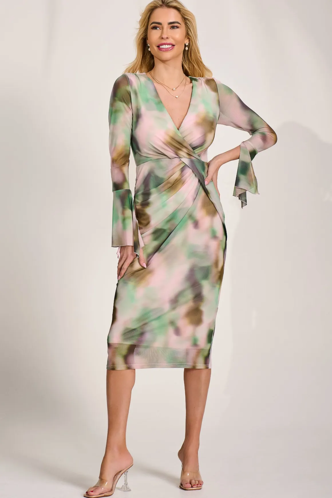 Long Sleeve Mesh Bodycon Dress, Green Abstract