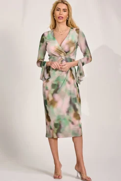 Long Sleeve Mesh Bodycon Dress, Green Abstract