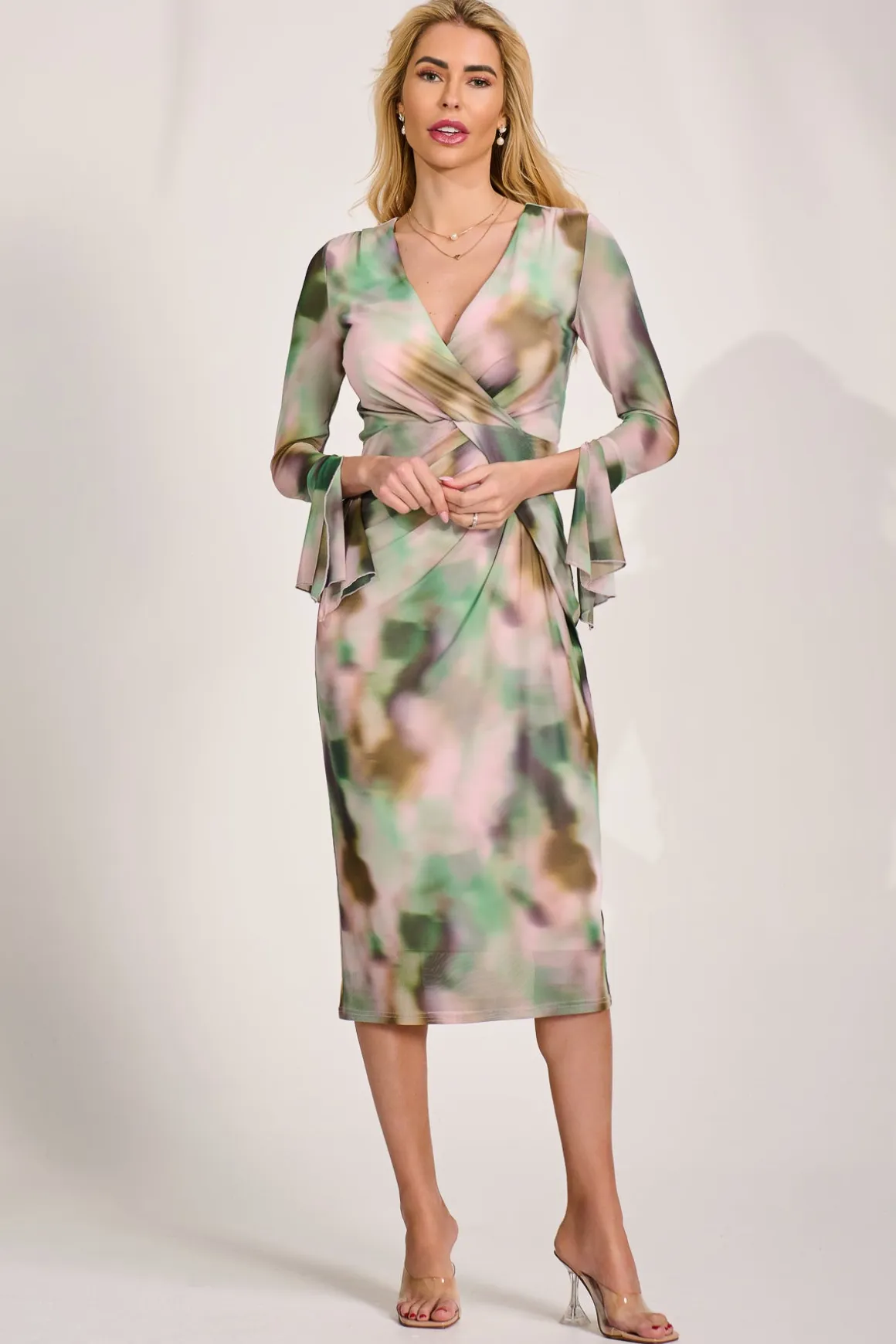Long Sleeve Mesh Bodycon Dress, Green Abstract
