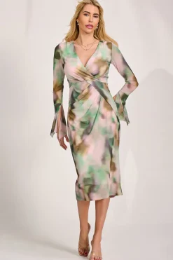 Long Sleeve Mesh Bodycon Dress, Green Abstract