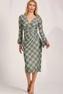 Long Sleeve Mesh Bodycon Dress, Lime Check