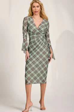 Long Sleeve Mesh Bodycon Dress, Lime Check