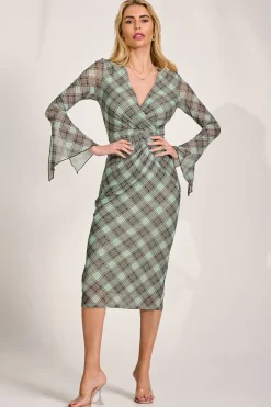 Long Sleeve Mesh Bodycon Dress, Lime Check