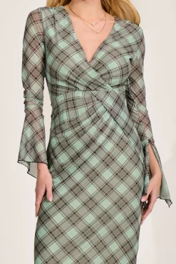 Long Sleeve Mesh Bodycon Dress, Lime Check