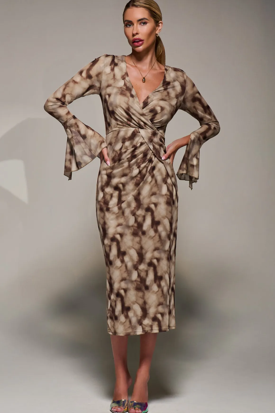 Long Sleeve Mesh Bodycon Dress Mocha Abstract