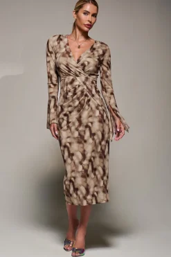 Long Sleeve Mesh Bodycon Dress Mocha Abstract