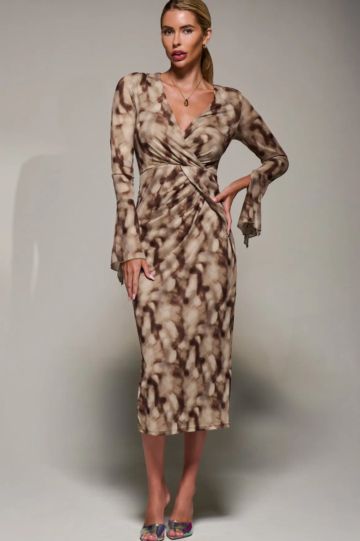 Long Sleeve Mesh Bodycon Dress Mocha Abstract