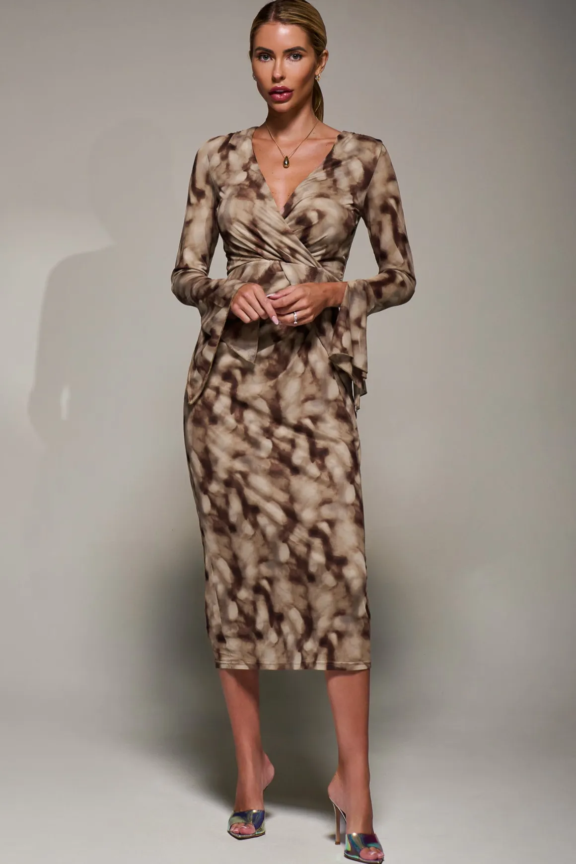 Long Sleeve Mesh Bodycon Dress Mocha Abstract