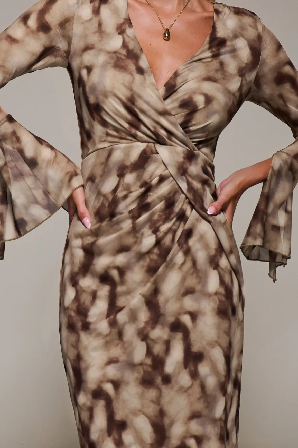 Long Sleeve Mesh Bodycon Dress Mocha Abstract