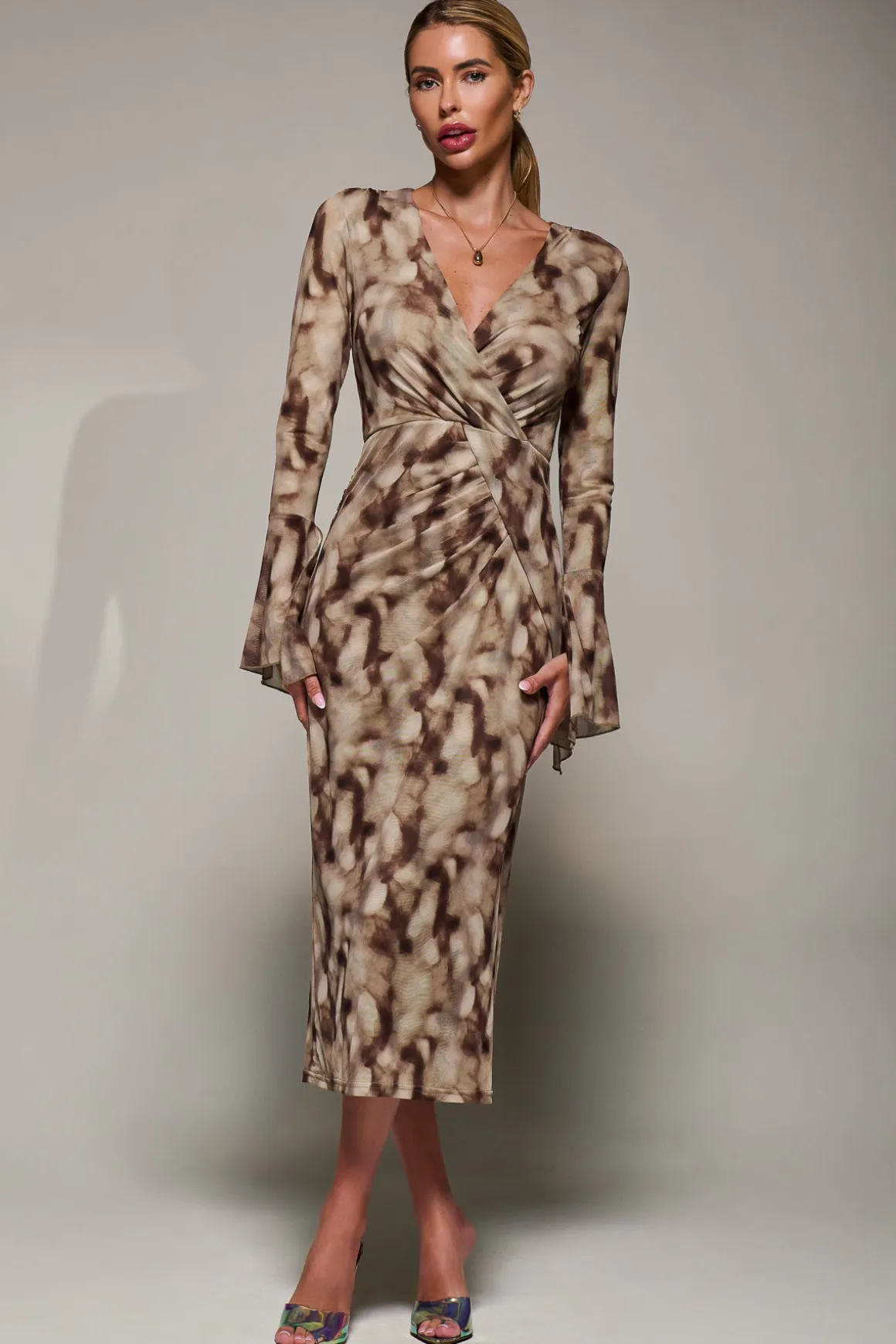 Long Sleeve Mesh Bodycon Dress Mocha Abstract