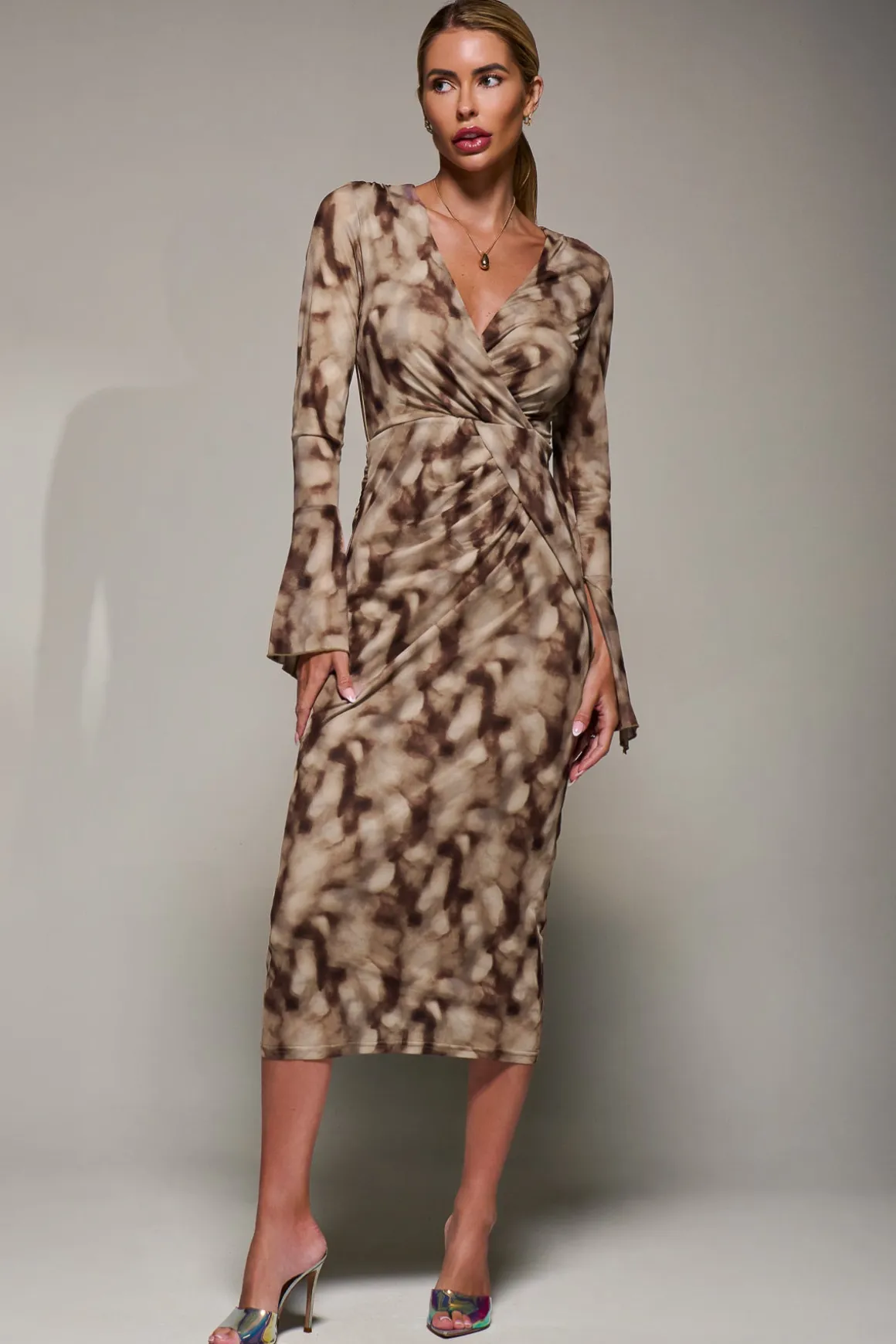 Long Sleeve Mesh Bodycon Dress Mocha Abstract