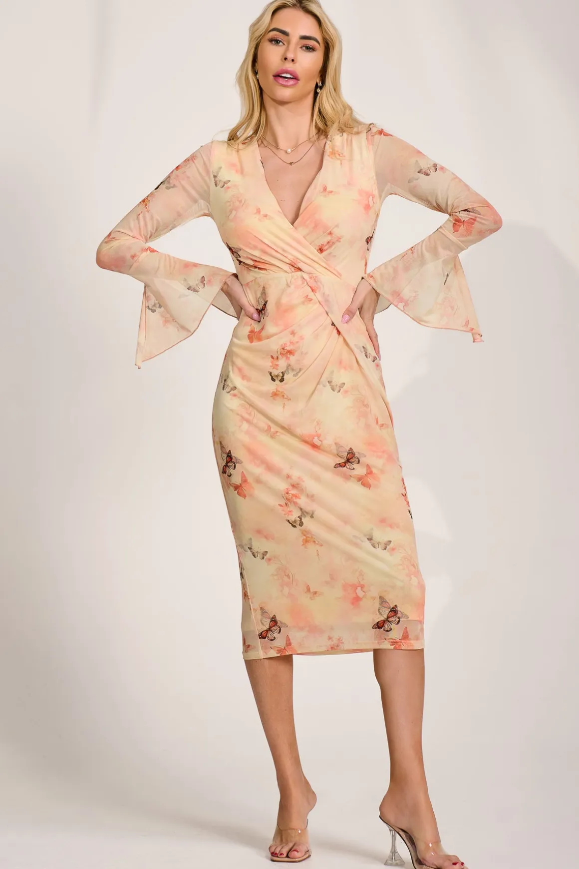 Long Sleeve Mesh Bodycon Dress, Orange Abstract