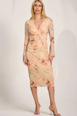 Long Sleeve Mesh Bodycon Dress, Orange Abstract