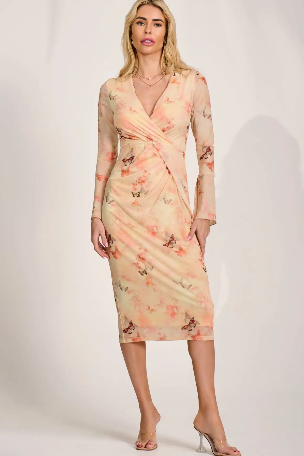 Long Sleeve Mesh Bodycon Dress, Orange Abstract