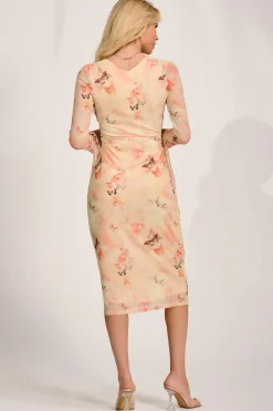 Long Sleeve Mesh Bodycon Dress, Orange Abstract
