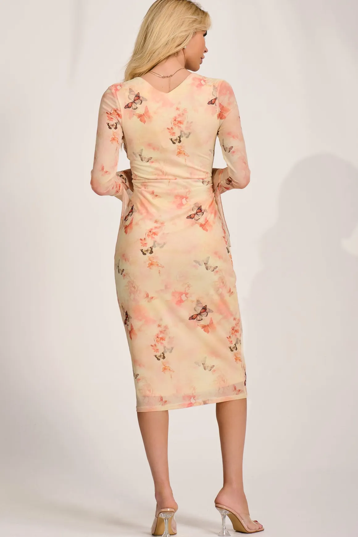Long Sleeve Mesh Bodycon Dress, Orange Abstract