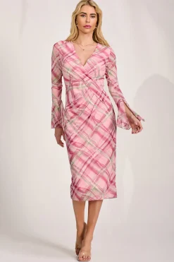 Long Sleeve Mesh Bodycon Dress, Pink Check