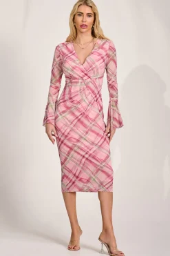 Long Sleeve Mesh Bodycon Dress, Pink Check