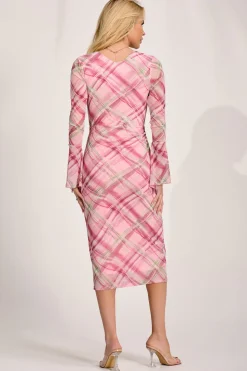 Long Sleeve Mesh Bodycon Dress, Pink Check