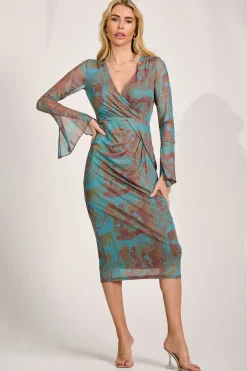 Long Sleeve Mesh Bodycon Dress, Teal Abstract