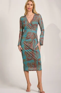 Long Sleeve Mesh Bodycon Dress, Teal Abstract