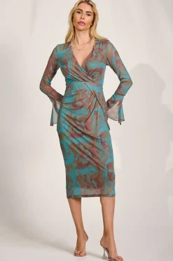 Long Sleeve Mesh Bodycon Dress, Teal Abstract