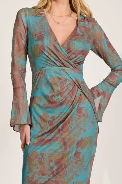 Long Sleeve Mesh Bodycon Dress, Teal Abstract