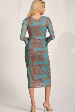 Long Sleeve Mesh Bodycon Dress, Teal Abstract