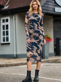 Long Sleeve Mesh Bodycon Maxi Dress, Brown Pattern