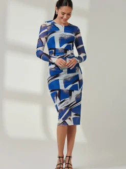 Long Sleeve Mesh Bodycon Midi Dress, Blue Abstract