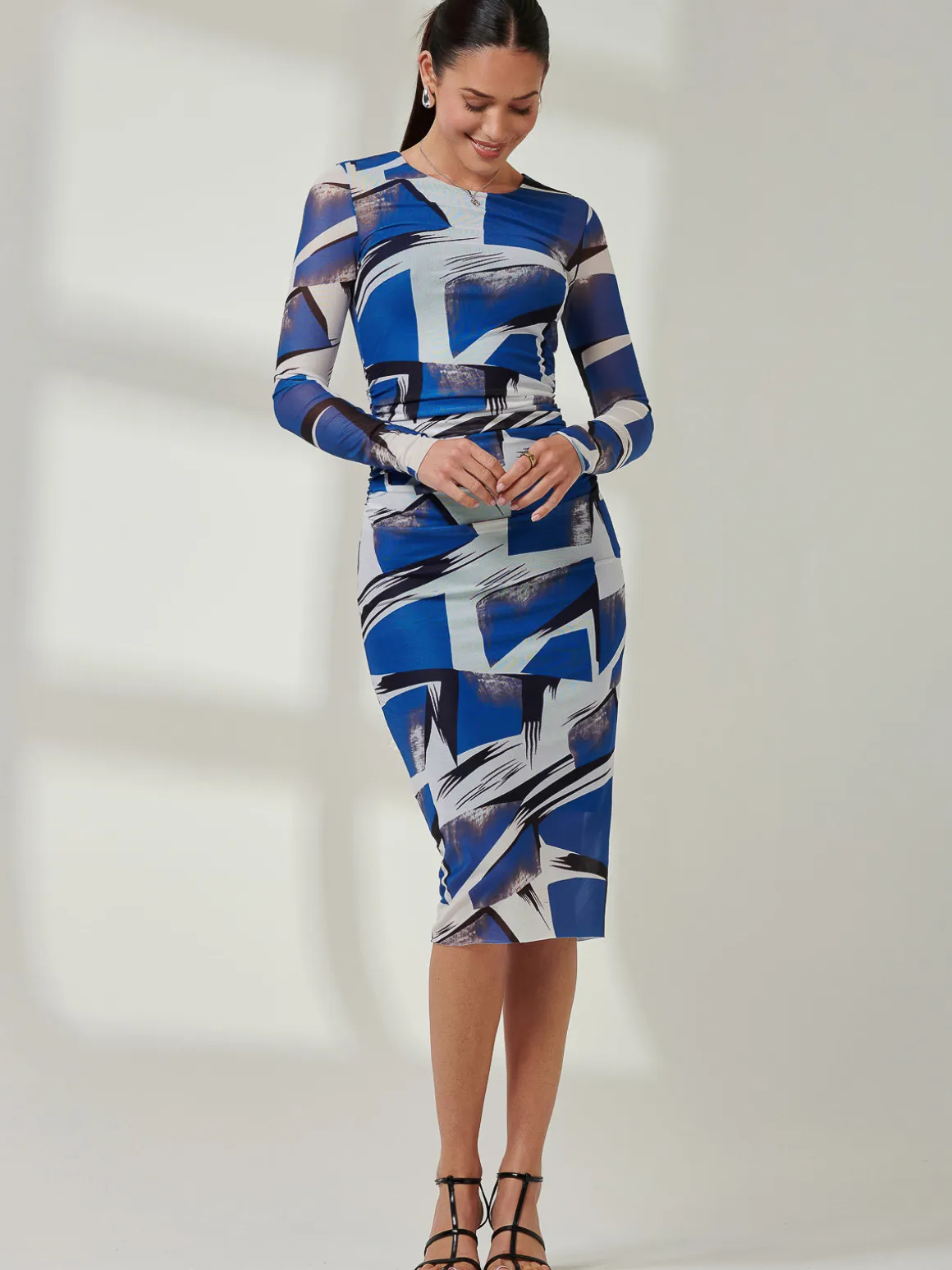 Long Sleeve Mesh Bodycon Midi Dress, Blue Abstract