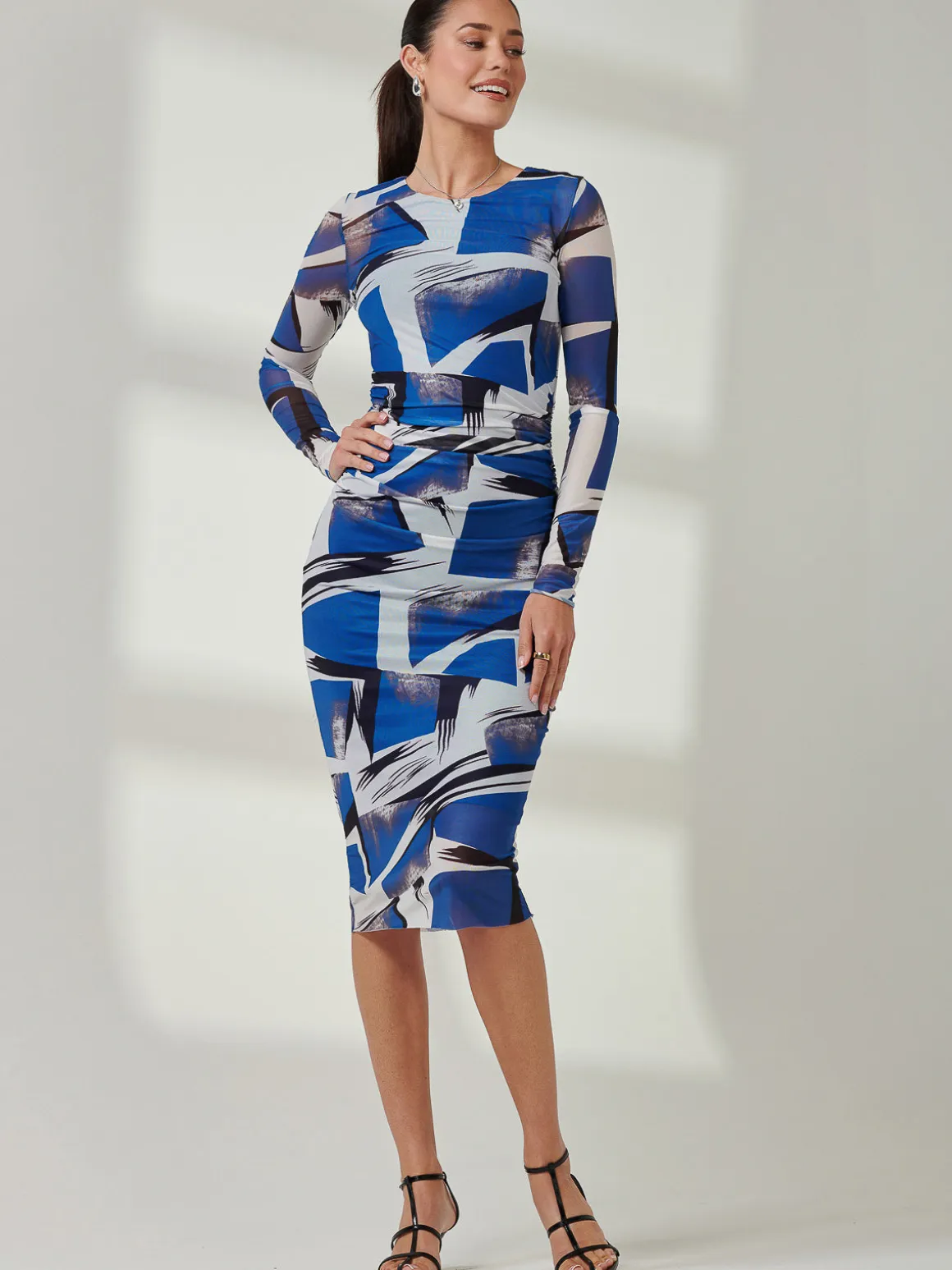 Long Sleeve Mesh Bodycon Midi Dress, Blue Abstract