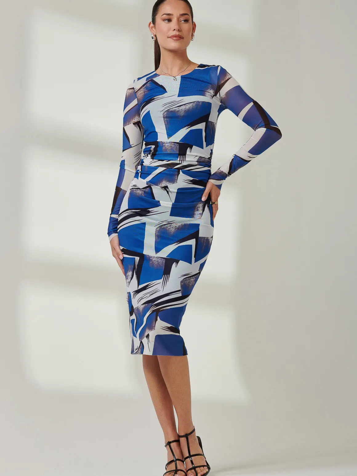 Long Sleeve Mesh Bodycon Midi Dress, Blue Abstract