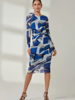 Long Sleeve Mesh Bodycon Midi Dress, Blue Abstract