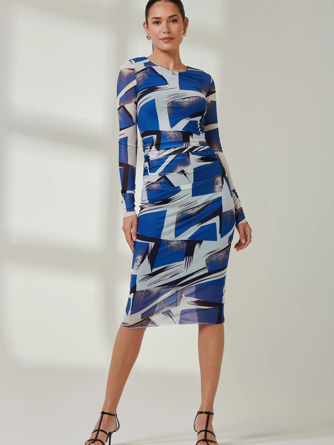 Long Sleeve Mesh Bodycon Midi Dress, Blue Abstract
