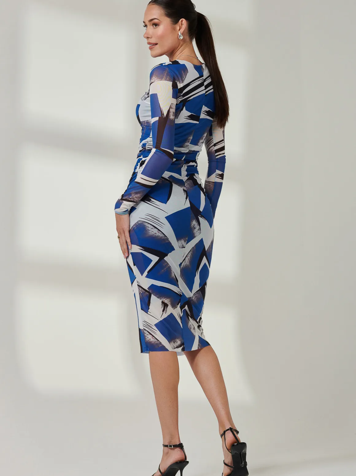 Long Sleeve Mesh Bodycon Midi Dress, Blue Abstract