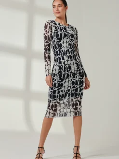 Long Sleeve Mesh Bodycon Midi Dress, Navy Geo