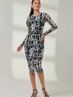 Long Sleeve Mesh Bodycon Midi Dress, Navy Geo