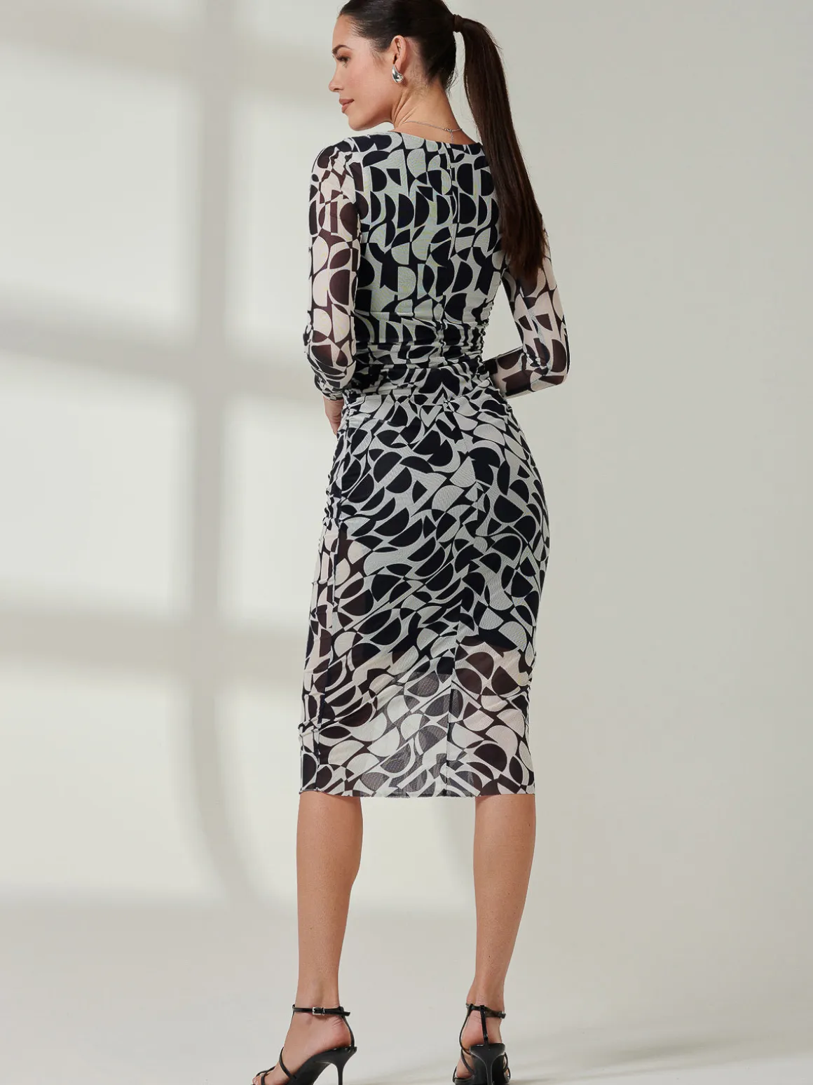 Long Sleeve Mesh Bodycon Midi Dress, Navy Geo