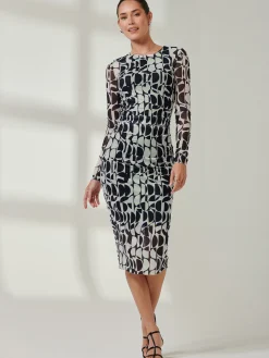 Long Sleeve Mesh Bodycon Midi Dress, Navy Geo