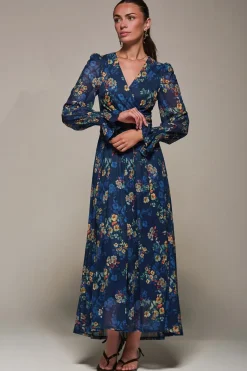 Long Sleeve Mesh Maxi Dress, Navy Floral
