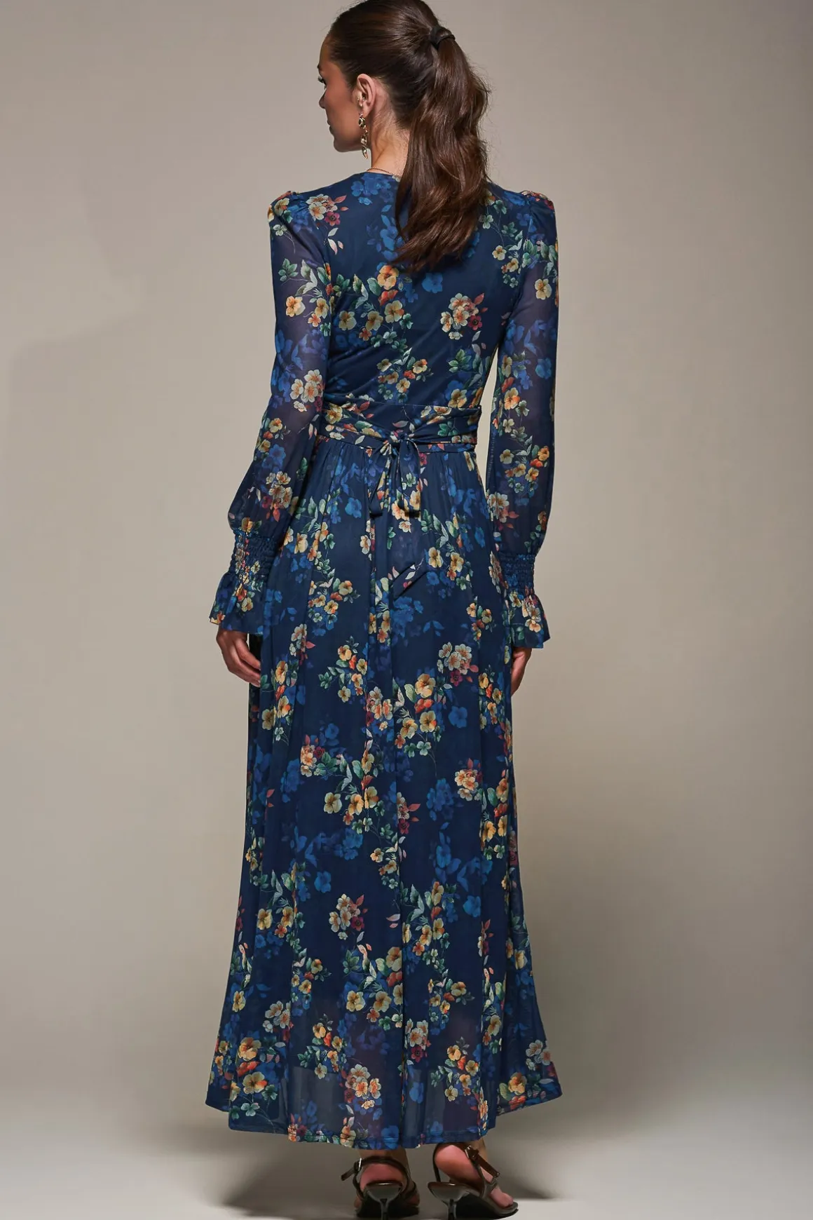 Long Sleeve Mesh Maxi Dress, Navy Floral
