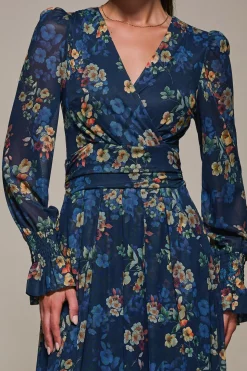 Long Sleeve Mesh Maxi Dress, Navy Floral