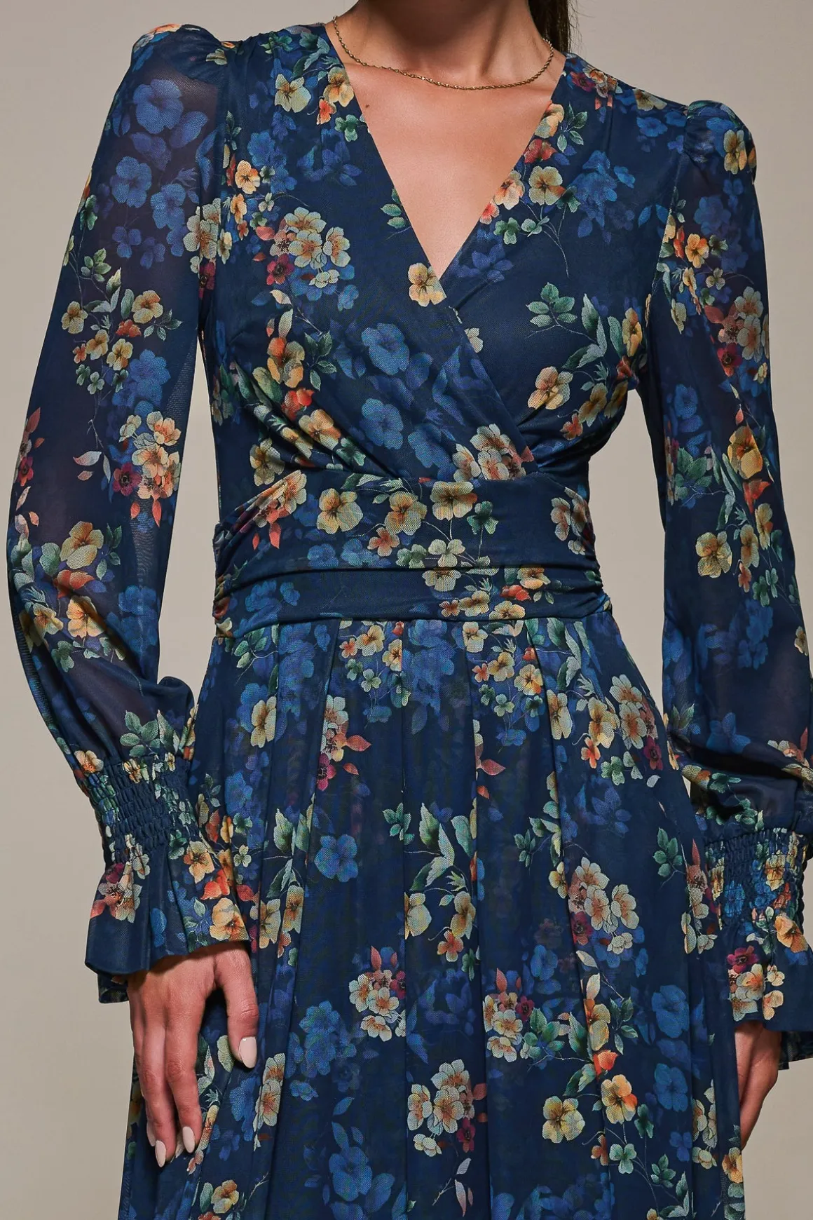 Long Sleeve Mesh Maxi Dress, Navy Floral