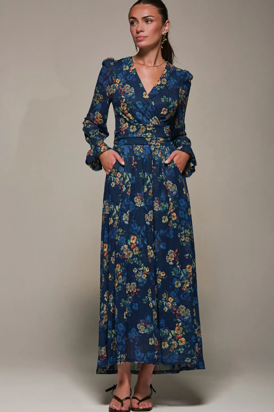 Long Sleeve Mesh Maxi Dress, Navy Floral