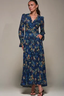 Long Sleeve Mesh Maxi Dress, Navy Floral