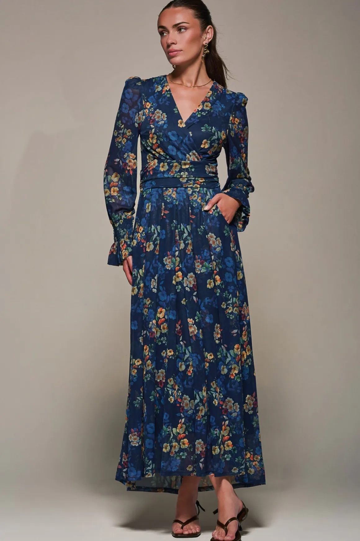 Long Sleeve Mesh Maxi Dress, Navy Floral