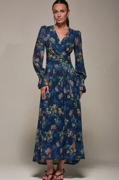 Long Sleeve Mesh Maxi Dress, Navy Floral
